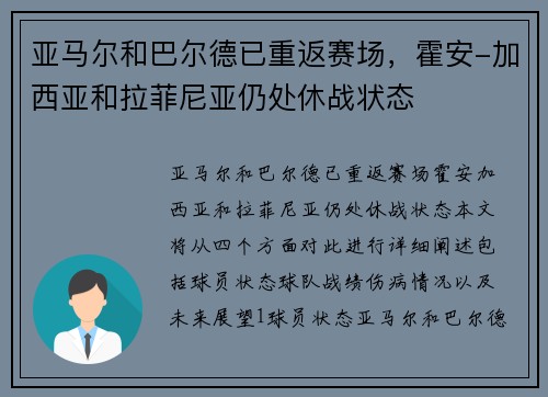 亚马尔和巴尔德已重返赛场，霍安-加西亚和拉菲尼亚仍处休战状态
